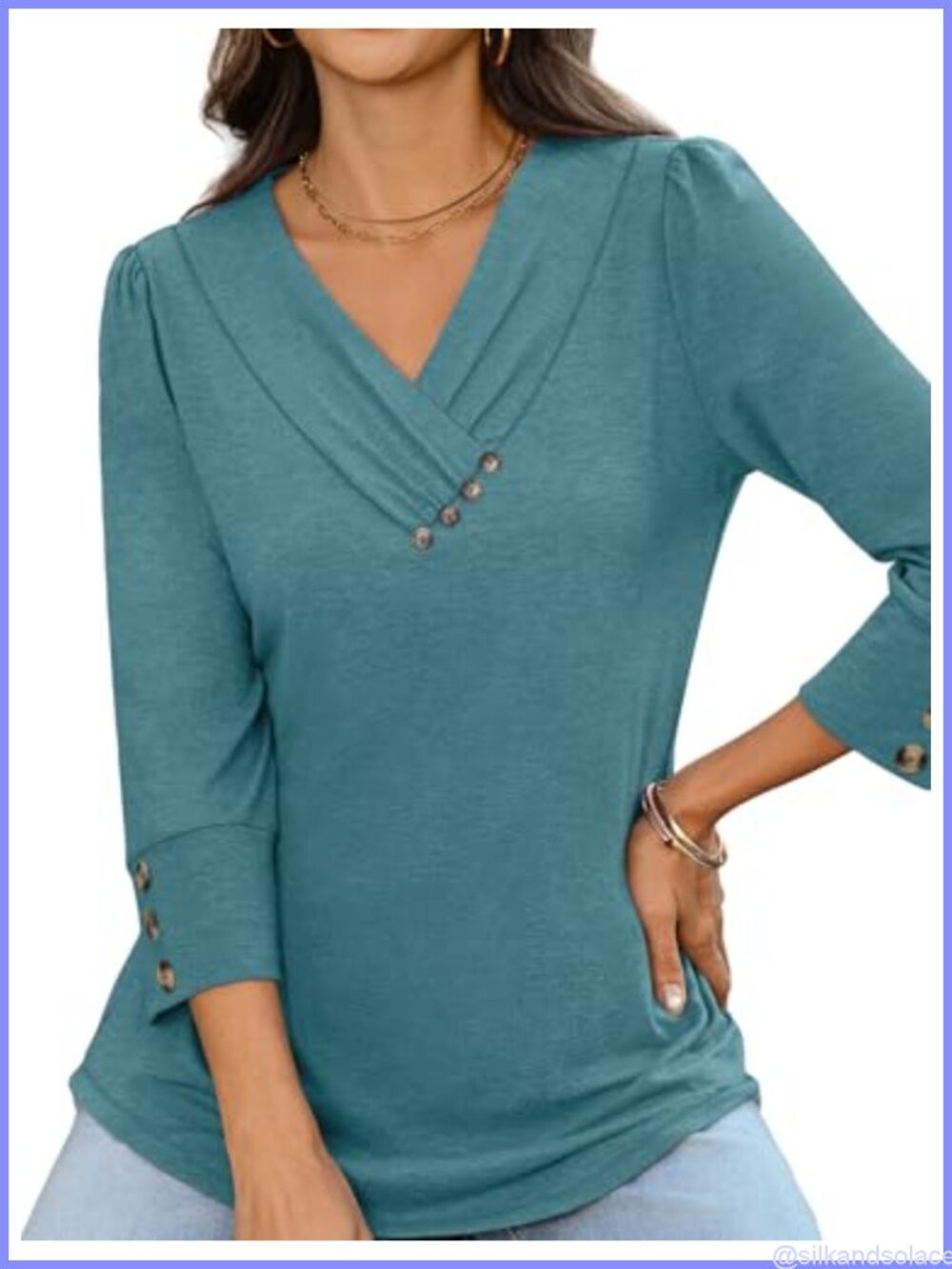 Pleated V-Neck 3/4 Sleeve Blouse Tunic Top Casual Office Wear